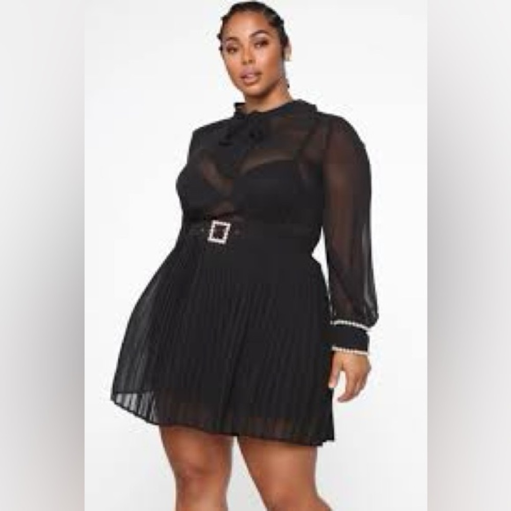 Black Pleated Tie Front Sheath Dress